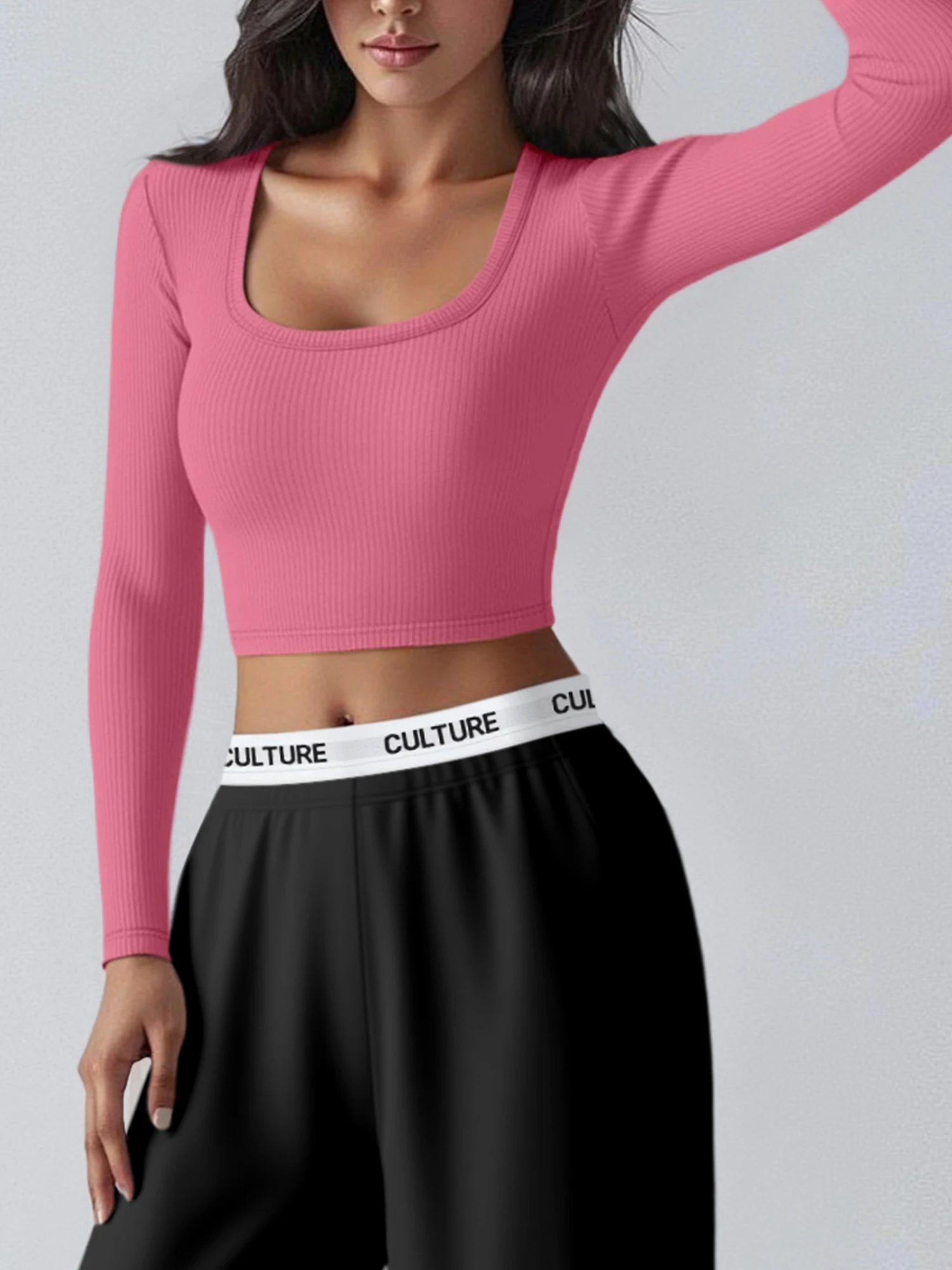 Modern Retro Square Neck Crop Blouse, Body-Fit Long Sleeve Top for Dinner Strolls & Night Markets