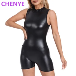 Women Faux Leather Bodysuit Jumpsuits One Piece Shaper Women's Back Zipper Sleeveless Mock Neck Bodysuit Pu Leather Short Romper