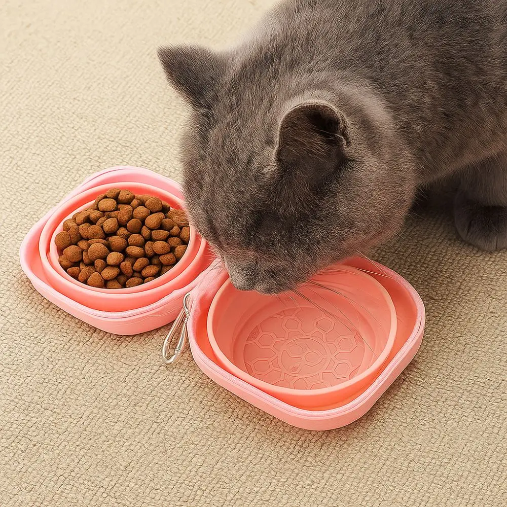 

Portable Cat Silicone Folding Bowl Integrated Type with Zipper Dog Water Food Bowl Collapsible Cat Double Bowl for Dogs Cats