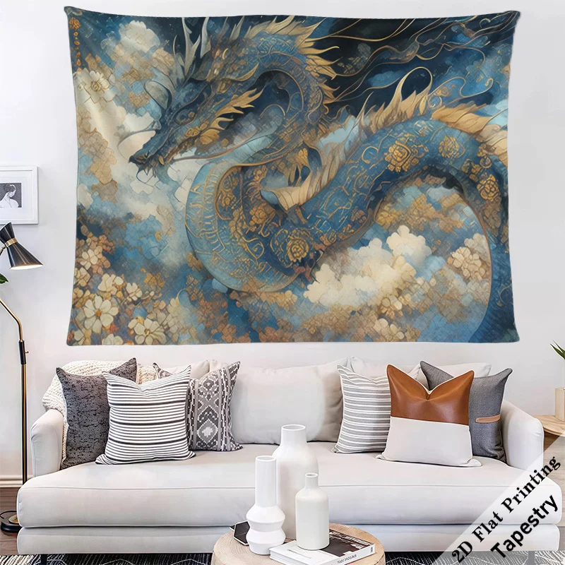 Majestic Dragon Tapestry Wall Hanging Blue Gold Asian Mythology Decor Art Large Room Tapestry 180x280cm