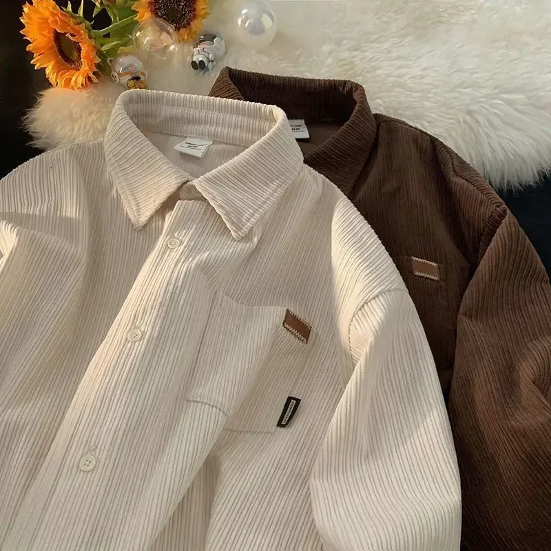 Fashion Men Clothing Long Sleeve Corduroy Polo Shirts for Men Vintage Autumn and Winter Loose Harajuku Casual Shirt Coat