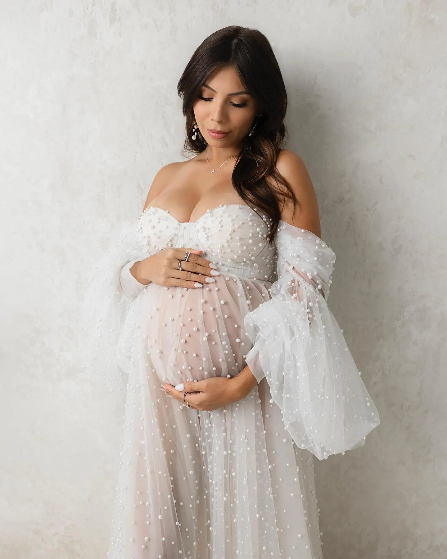 White Pearls Maternity Dresses for Photoshoot Baby Shower Robes Sweetheart Full Sleeves Bridal Prom Gown Women Pregnant Skirt