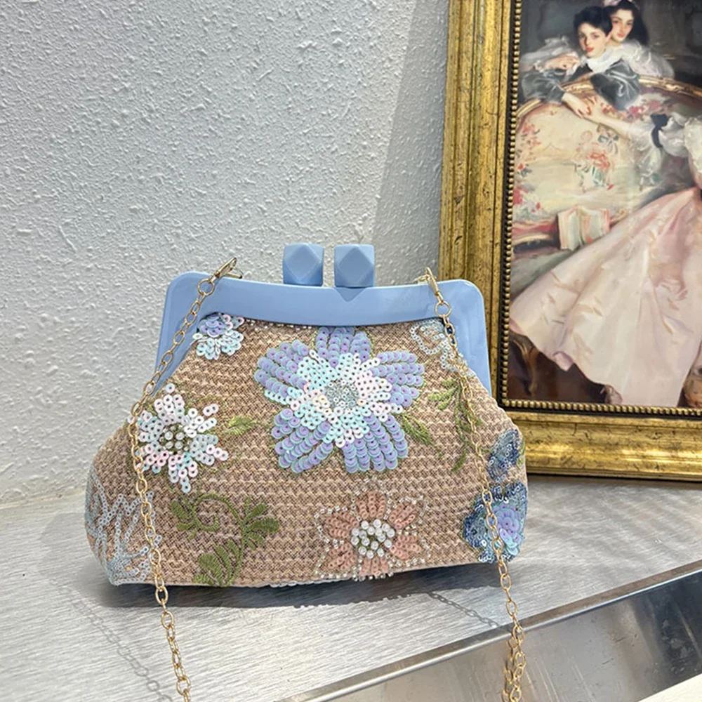 

Luxury Sequined Straw Clip Shoulder Bag NEW Flower Embroidery Crossbody Bags for Women Acrylic Handbag Evening Bag Clutch Ladies