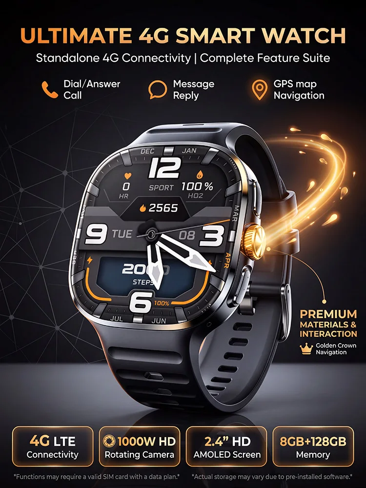 Neue 4G/5G Smartwatch 2,4-Zoll 720*720 Amoled Android 10.0 1000W Kamera GPS WIFI SIM-Karte 2100mAh Akku Smartwatch für Männer und Frauen – Detail 1