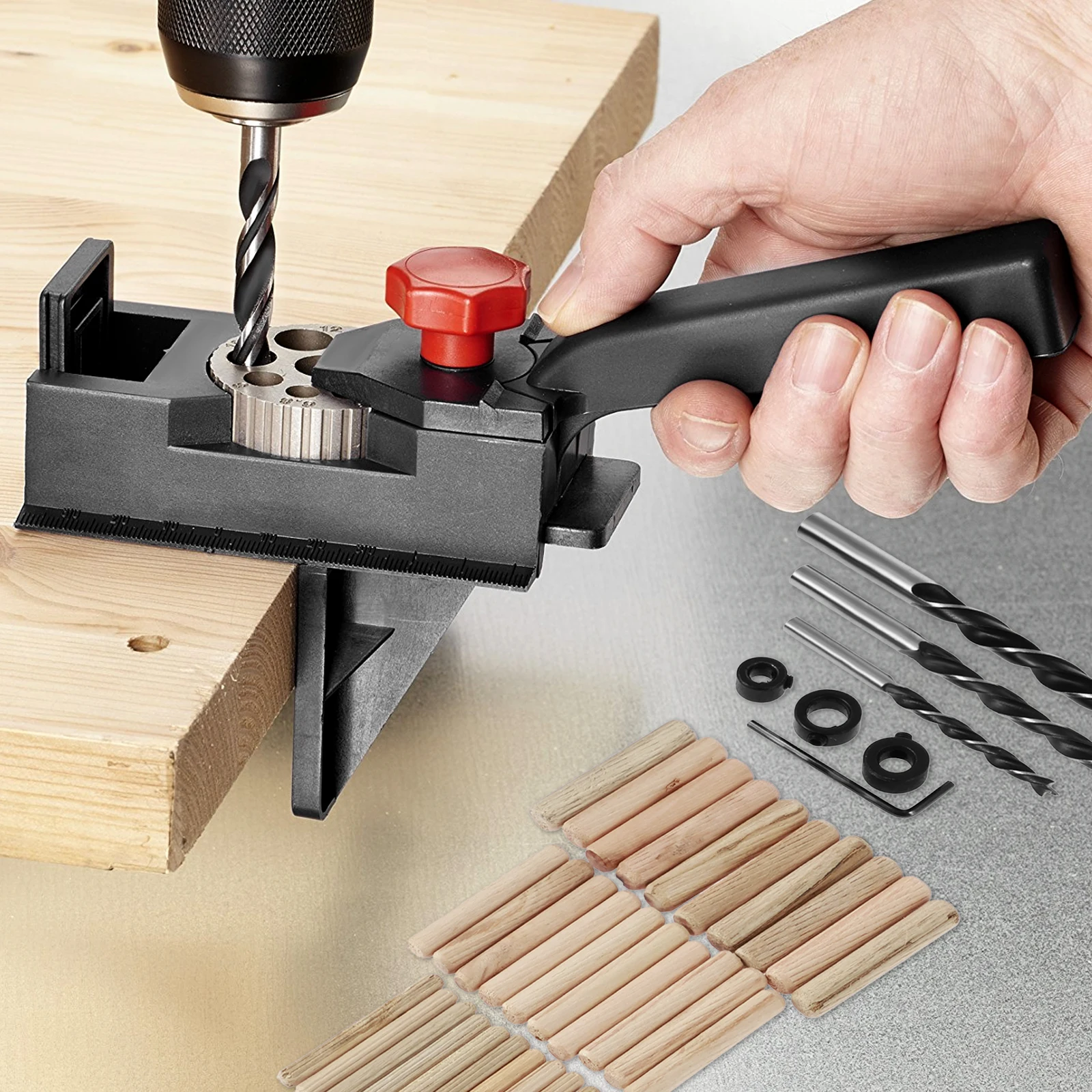 

Adjustable Wood Dowel Punch Locator Aluminum Pocket Hole Jig Doweling Jig Kit Cabinet Hole Drill Guide Tool ith 6/8/10mm