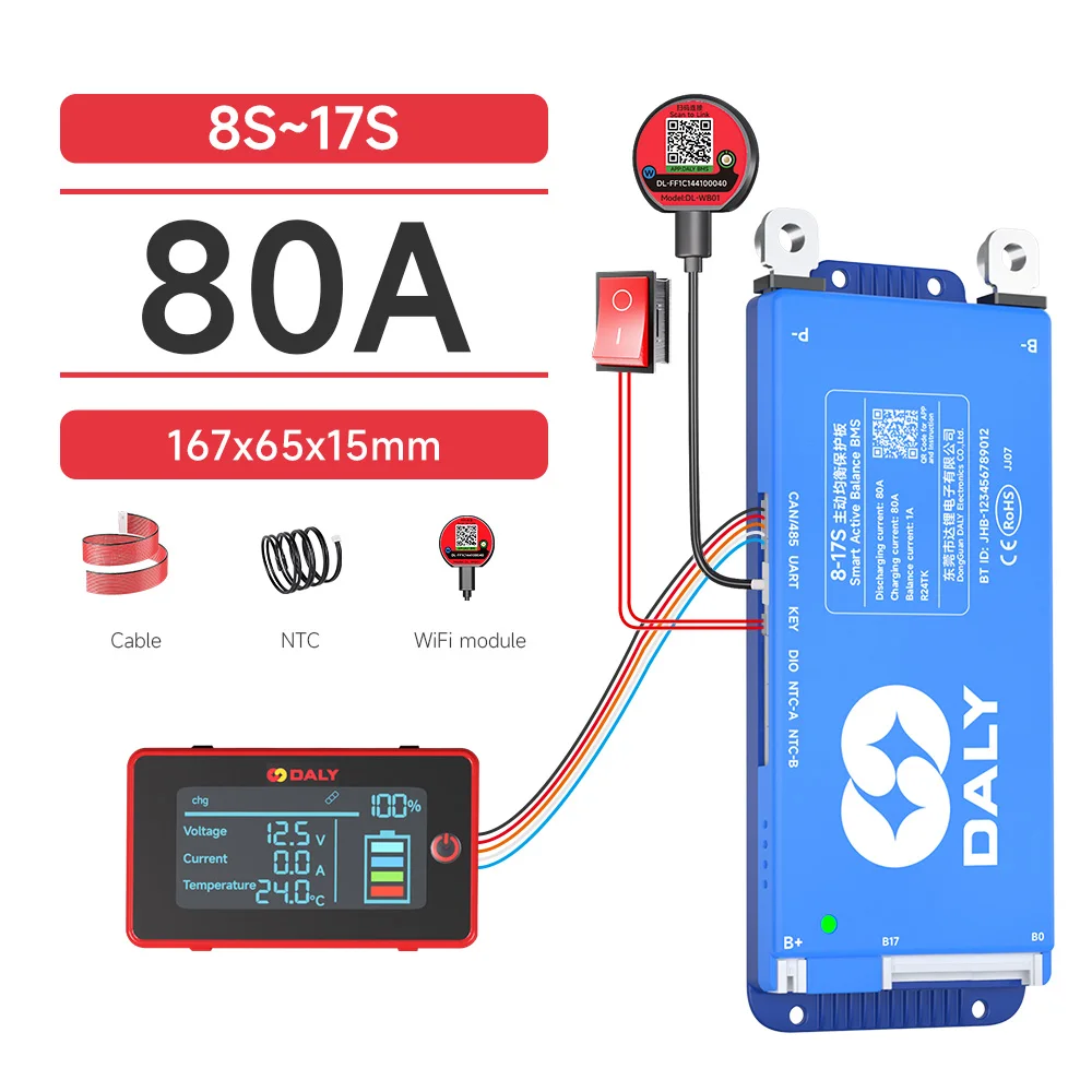 DALY Smart BMS 4S 8S 16S 40A 60A 100A 150A 200A 12V 24V 48V LiFePo4 1A Actieve Balancer BMS met LCD RS485 UART WIFI KEY