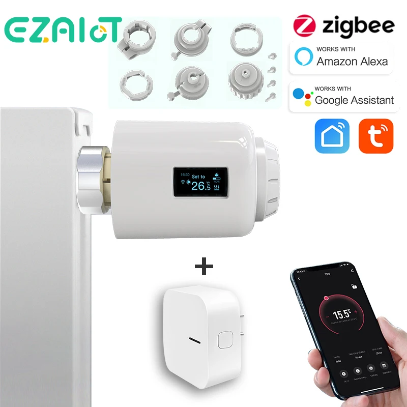 Tuya-インテリジェントサーモスタットラジエーターバルブ,Zigbee,プログラム可能なアクチュエーター,温度コントローラー,音声,Alexa, Google Home