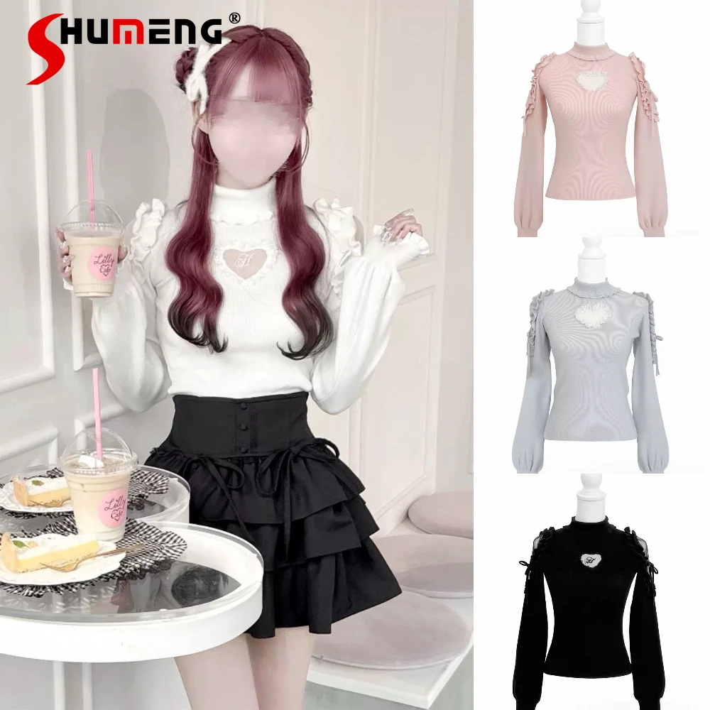 Japanese Style Elegant Sweet Hollow Heart High Neck Lace-up Ruffle Lantern Sleeve Knitted Sweater Pullover for Women Spring 2026