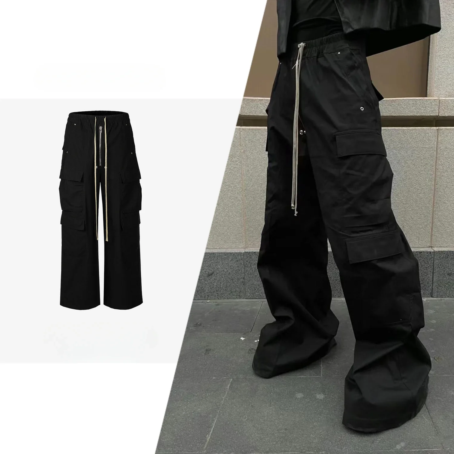 2026 New Black Cargo Pants For Men American Men's Multi Pocket Baggy Wide Leg Casual Pants Y2k Hip Hop Streetwear