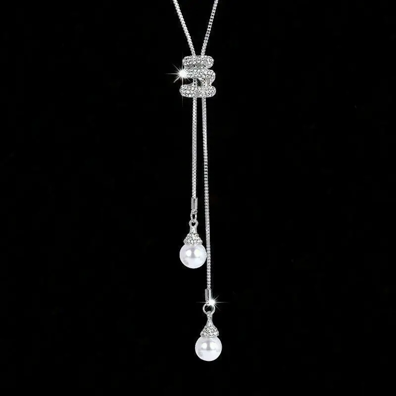 

NEW High Quality Fashion Metal Long Tassel Rhinestone Crystal Pearl Long Chain Necklace Sweater Party Necklace Jewelry