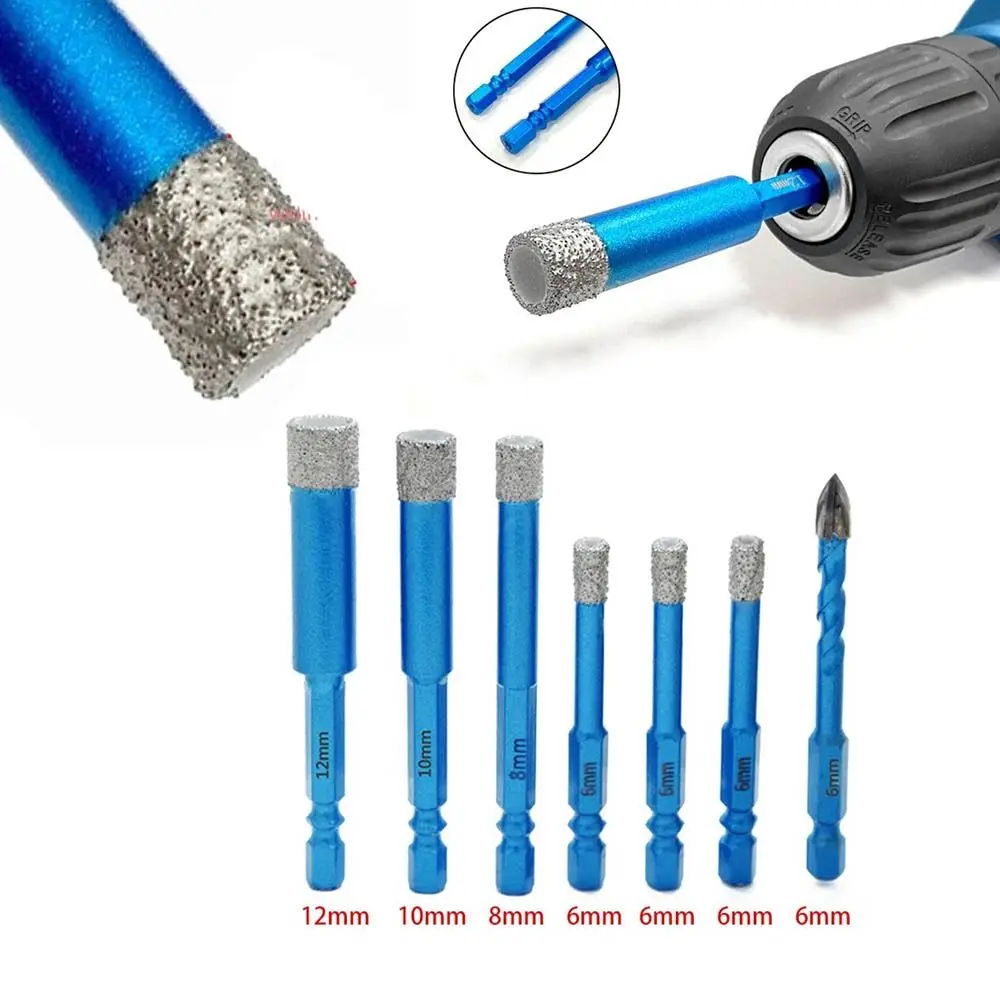 

7pcs /set 6-12mm Brazed Dry Drilling Bit Hex Shank Diamond Coated Tile Drill Bit Easy Chip Removal Three Triangular Dril