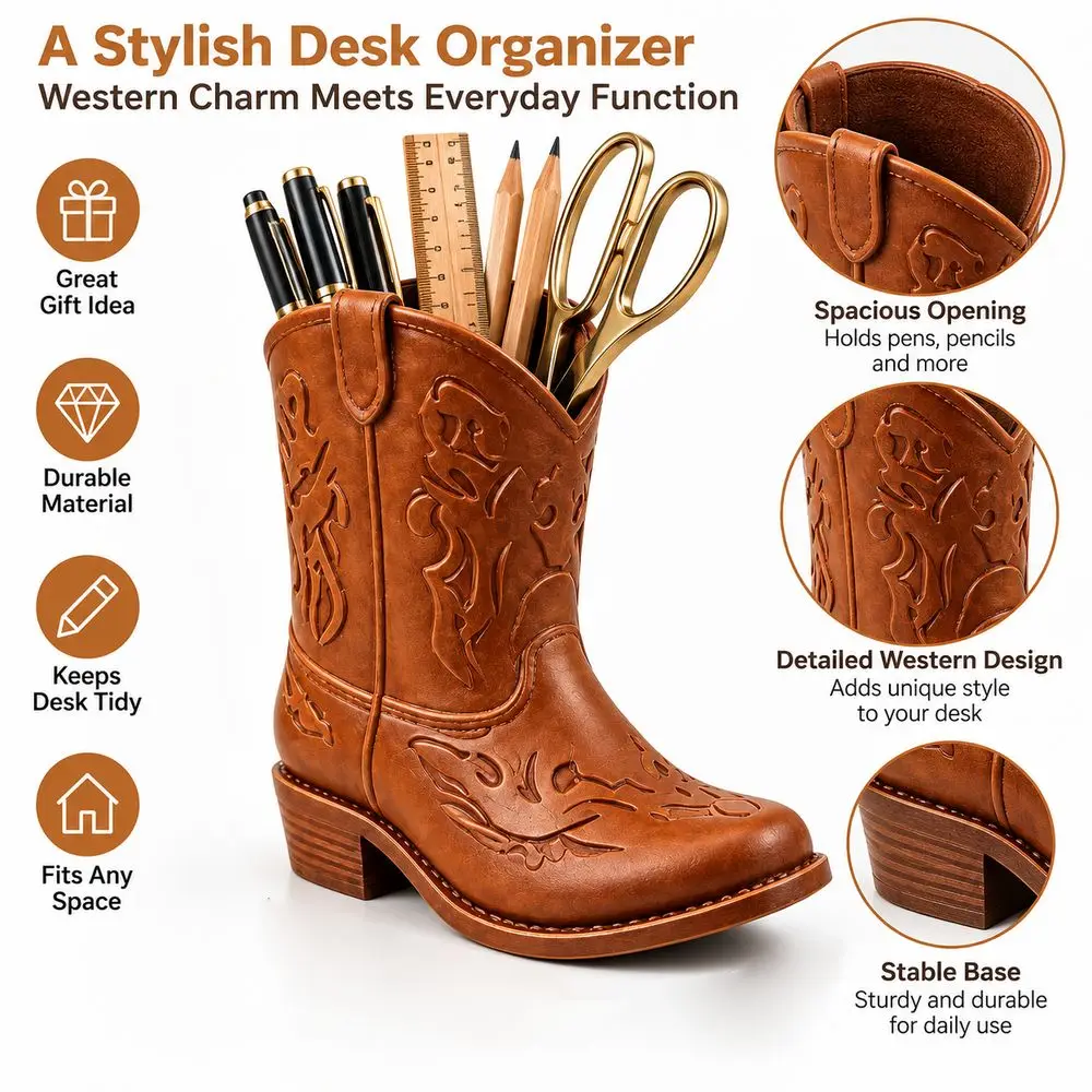 3D Printed Cowboy Boot Statue Desktop Size Multi-Functional Pencil Holder Organizer Hollow Design Vintage Style