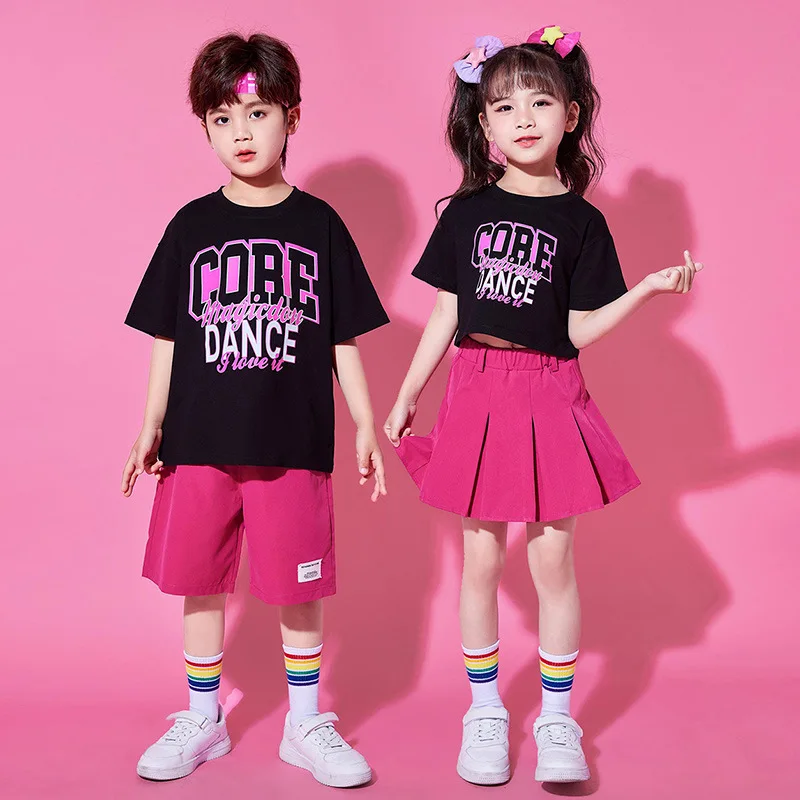 

Girls Hip Hop Clothing Black Letter Pattern T shirt Rose Red Skirt Shorts for Boys Kids Jazz Dance Costume Clothes Set