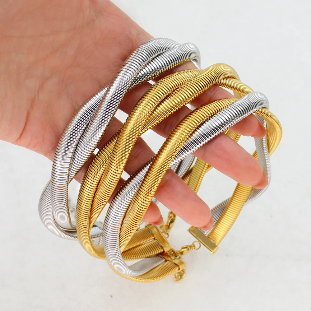 USENSET 8mm 2 Layers Twisted Spiral Stainless Steel Jewelry Set Aesthetic Golden Neck Wrist Accessories Rust Proof