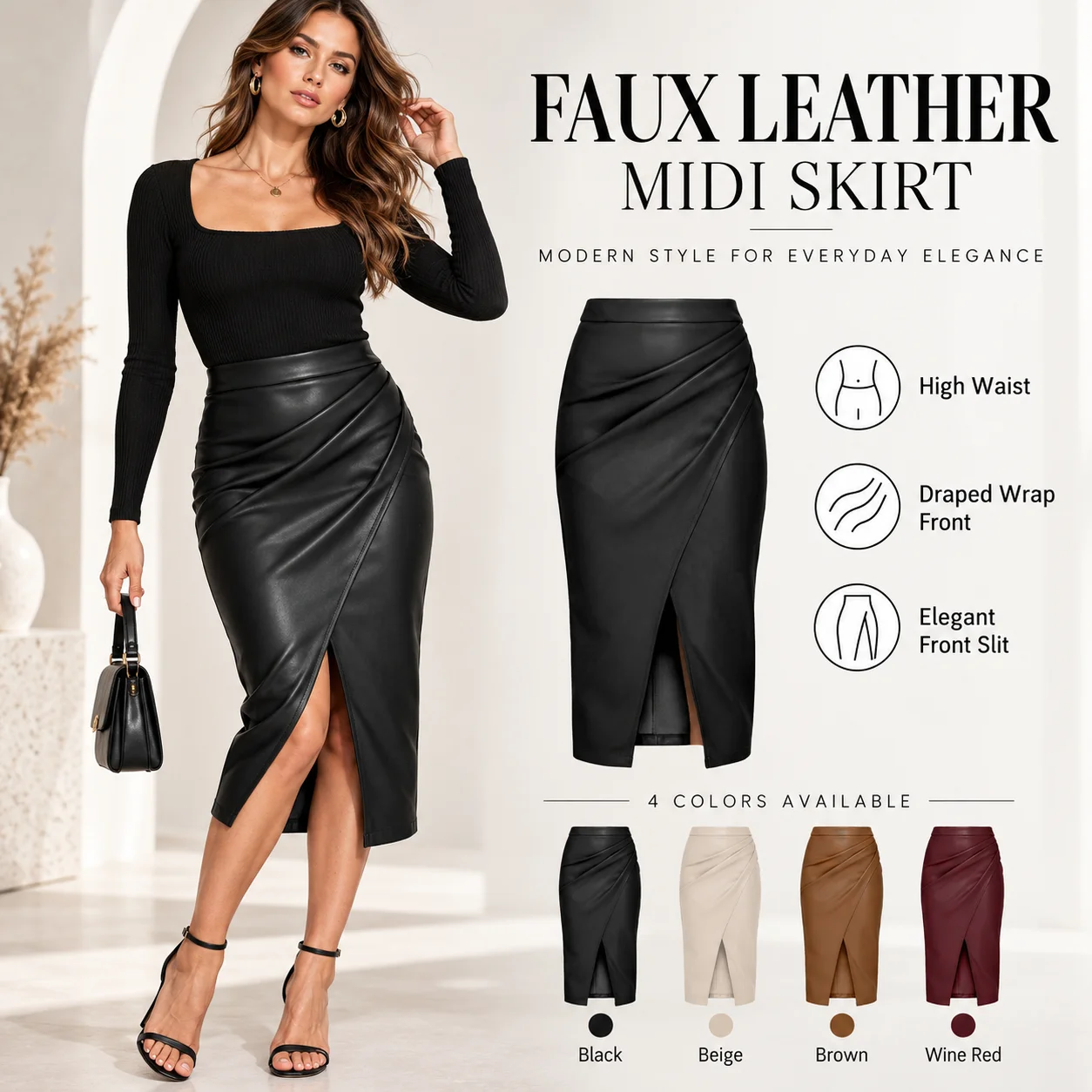 Women Faux Leather Midi Skirt High Waist Ruched Wrap Front Slit Pencil Skirt Elegant Office Party Bottom