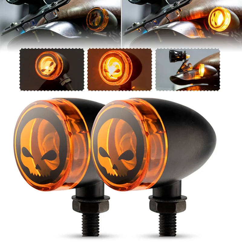 Universal Motorcycle LED Turn Signal Tail Lights Brake Indicator Light Amber Running Lamp Metallic Skulls Turn Signal Blinker