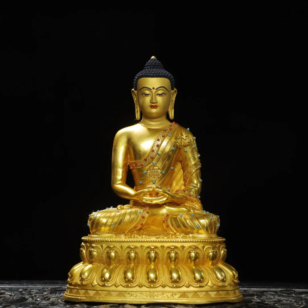 Tibetan antique brass gilt gemstone Sakyamuni big day Buddha statue ornament home hall offering supplies