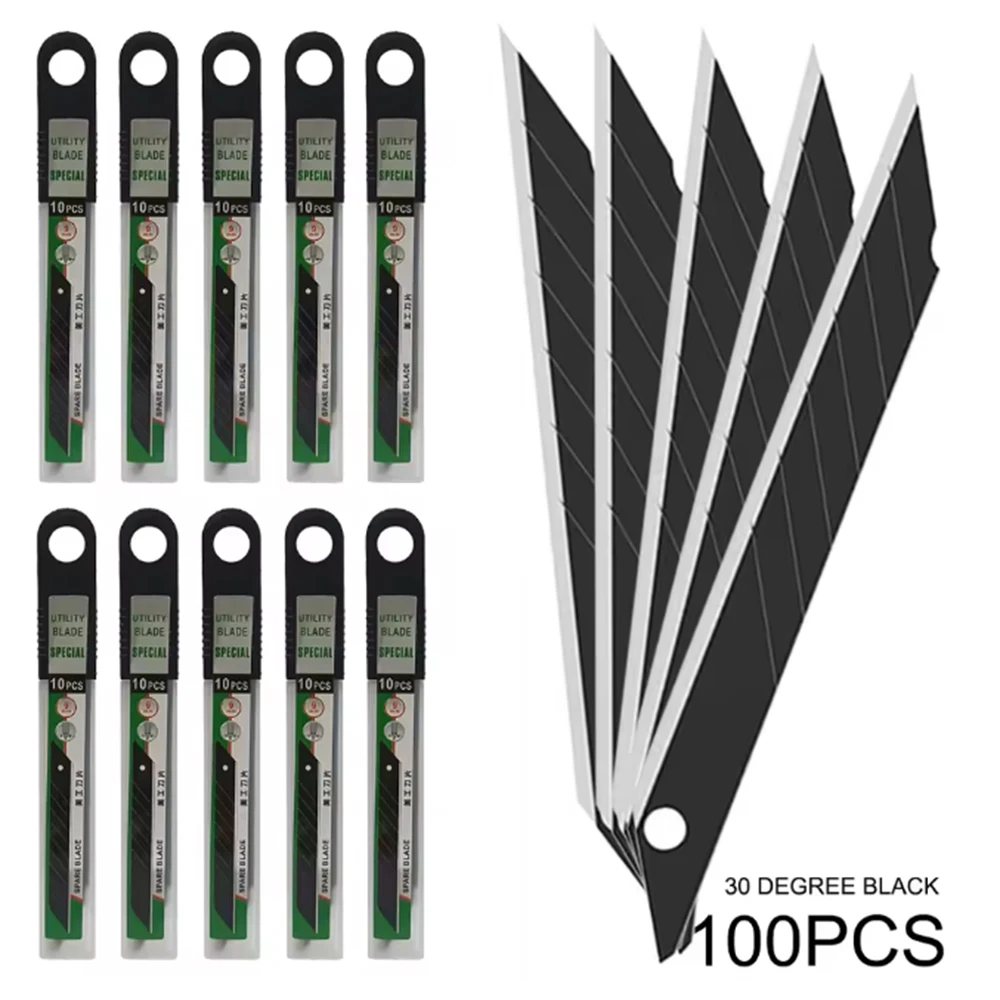 100Pcs Carbon Steel Black Blades 30/60 Degree Snap off Knife Cutter for Car Wrap Vinyl Film Cutting Spare Blade Cutting Tools