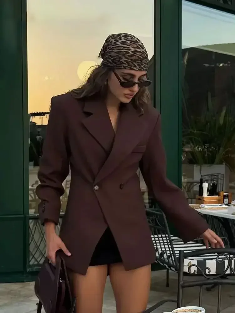 

Women Elegant Solid Lapel Two Buttons Suit Jacket Fashion Long Sleeve Slim Short Coats 2025 New Casual Office Lady Blazer