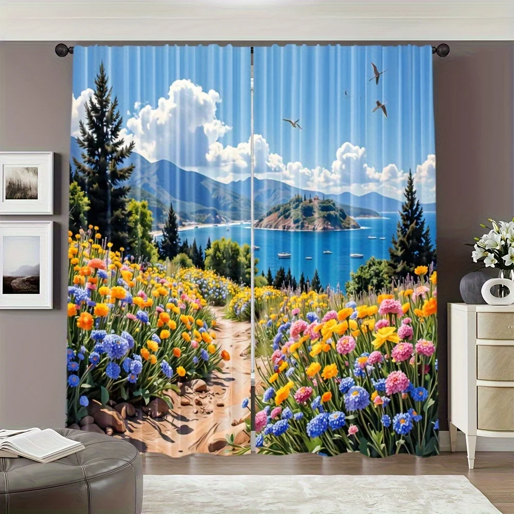 2pcs Seaside Flower Path & Coastal Landscape Blackout Curtains - 100% Polyester Machine Washable Rod Pocket Drapes for Bedroom,