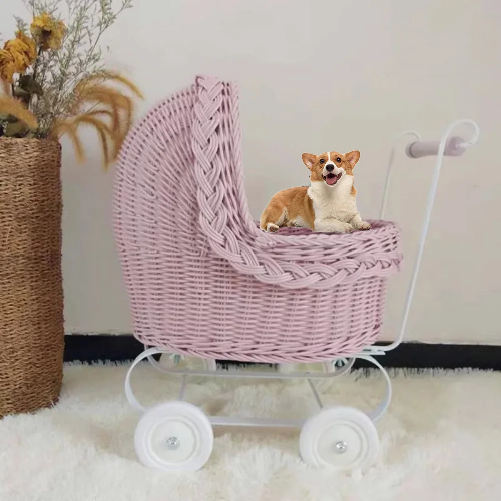 Creative Rattan Pet Stroller Lightweight Stroller For Small Dogs Cats Pet Trolley Outing Walking Teddy Chihuahua Buggy