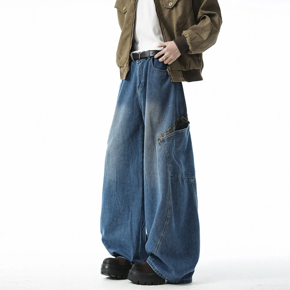 Mannen gewassen losse wijde pijpen jeans patchwork zijzakken streetwear casual denim broek mode trendy comfort vintage noodlijdende