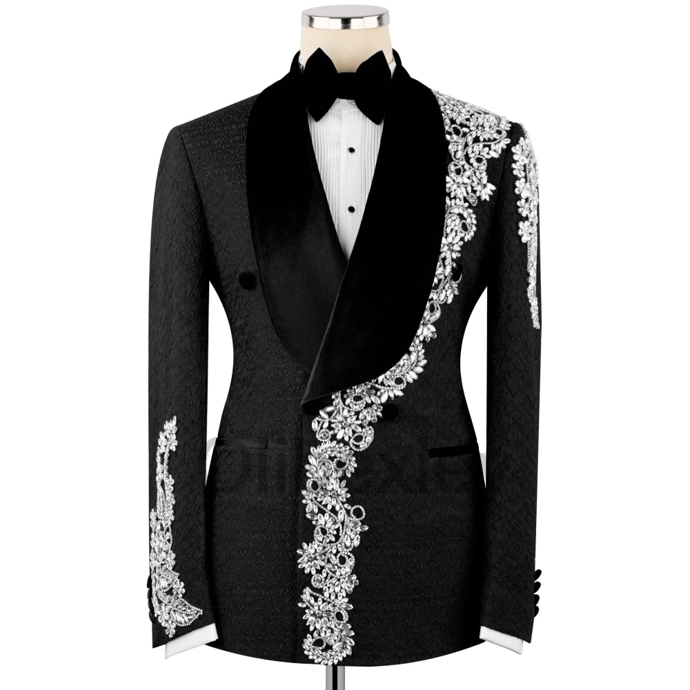 Olibexley Elegant Slim Fit 2 Piece Men's Suit Silver Crystal Decoration Wedding Groom Business Dinner Prom Suit Customized S317