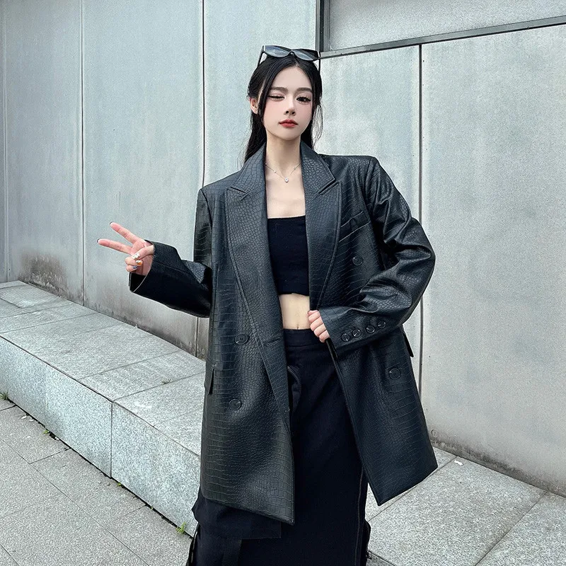 2026 New Spring Mid-Long Black Blazers PU Leather Coat Women Korean Loose Soft Faux Leather Outwear Female Leather Suits Jacket