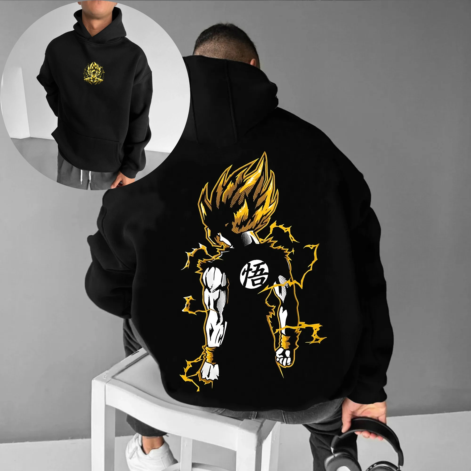

Dragon Ball Z Goku Super Saiyan Толстовка с принтом молнии на спине Мужская черная желтая уличная одежда Kanji Go Модная толстовка в стиле аниме Повседневная