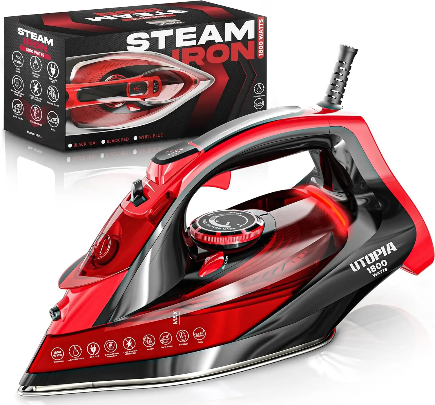 Steam Iron for Clothes - Non-stick Soleplate - 1800w Clothes Iron with