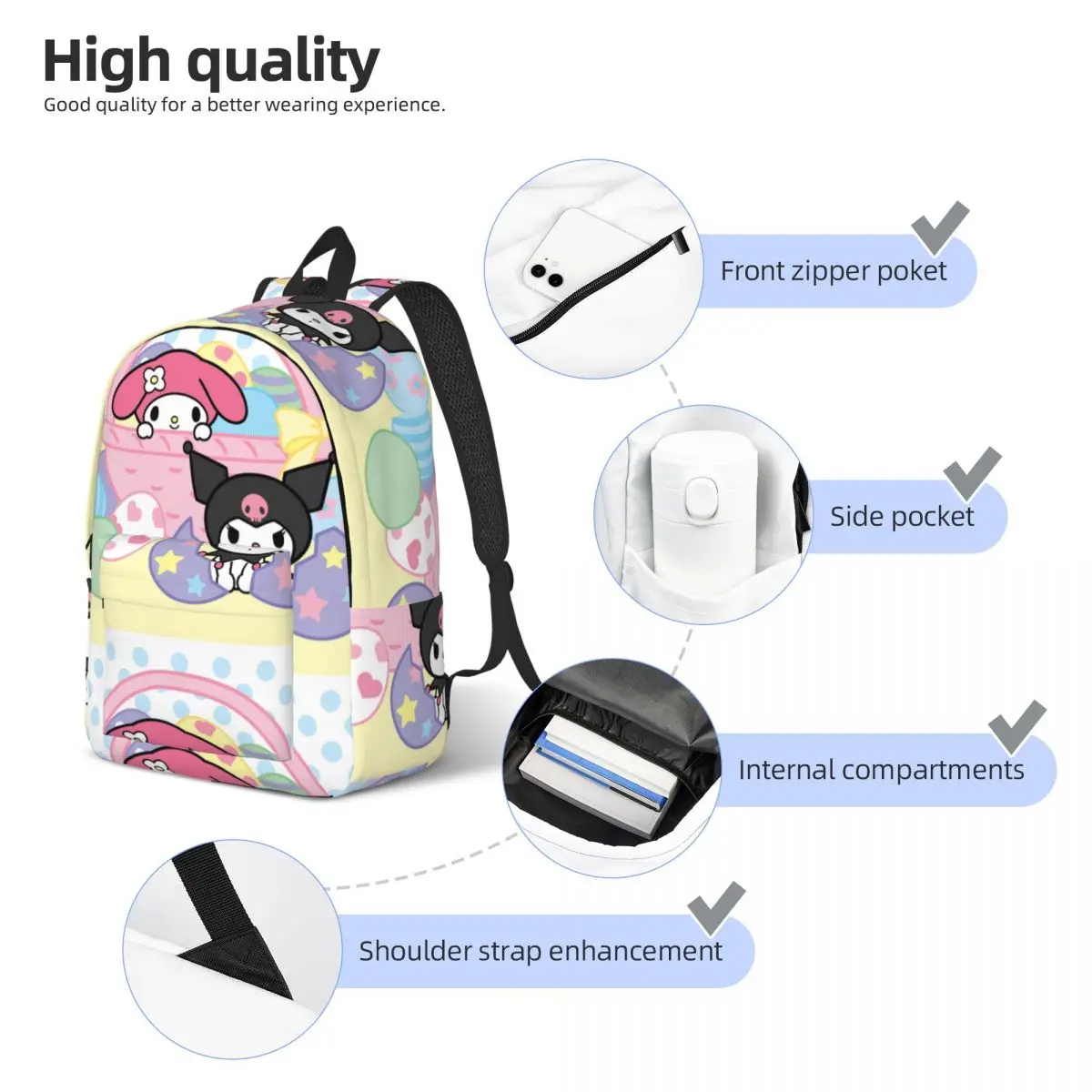 Mochila Kawaii Kuromi Sanrio Anime para hombres y mujeres, bolso de hombro deportivo para computadora portátil, mochila de viaje para estudiantes, senderismo, melodía