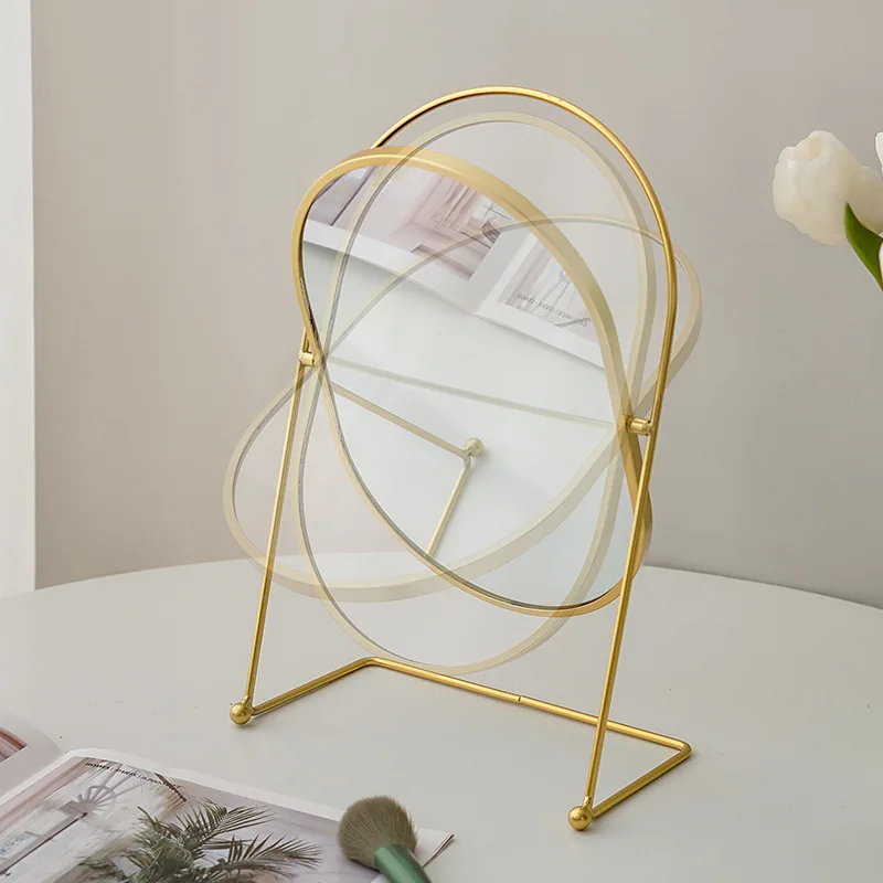 360°Rotate Oval Makeup Mirror Nordic Brass Gold Metal Retro Dressing Desktop Bedroom Square Round Dormitory Makeup Mirror