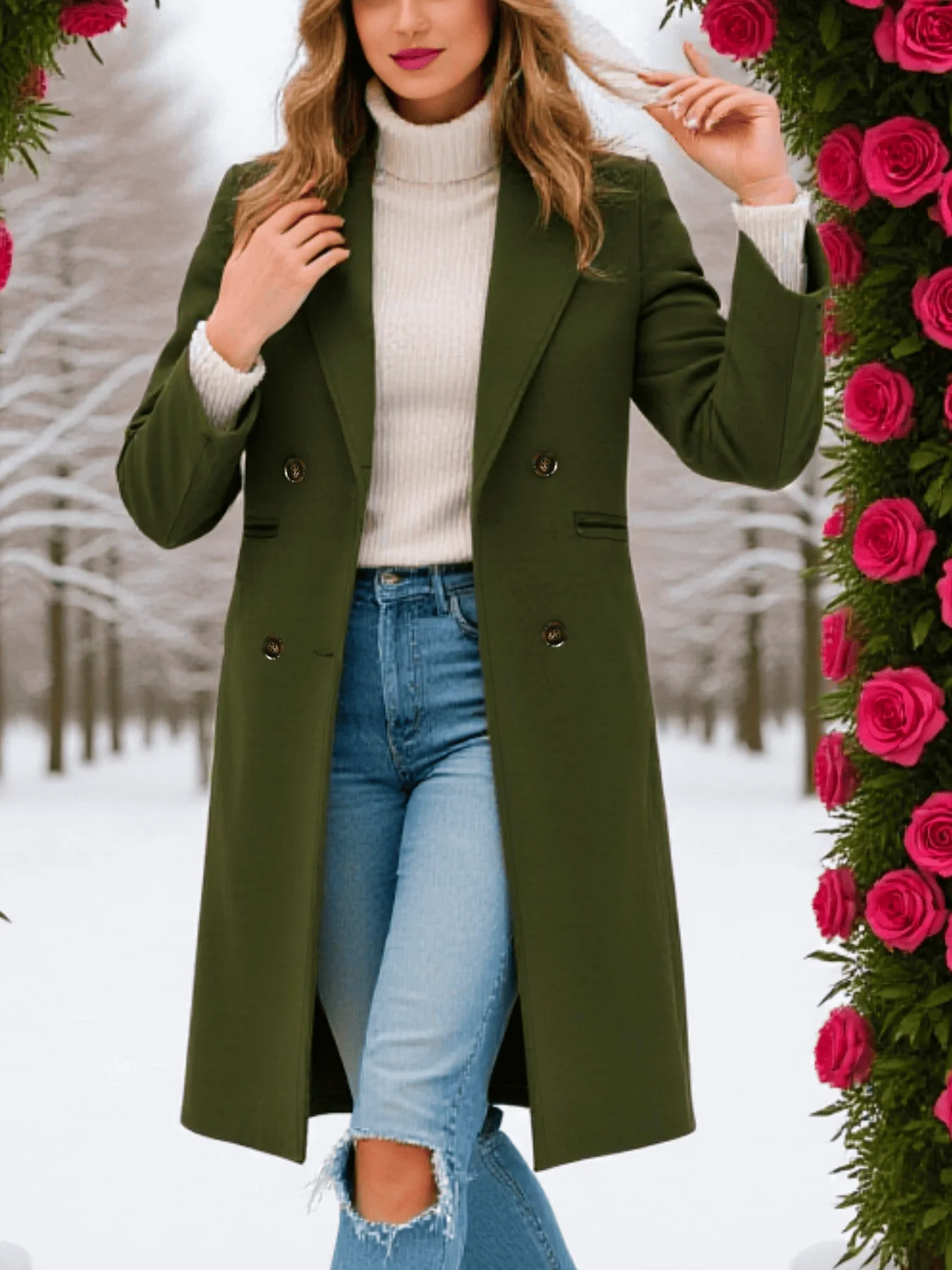 Damen Doppelreihiger Verdickter Wollmantel Warme Modische Jacke für Pendeln Wochenende