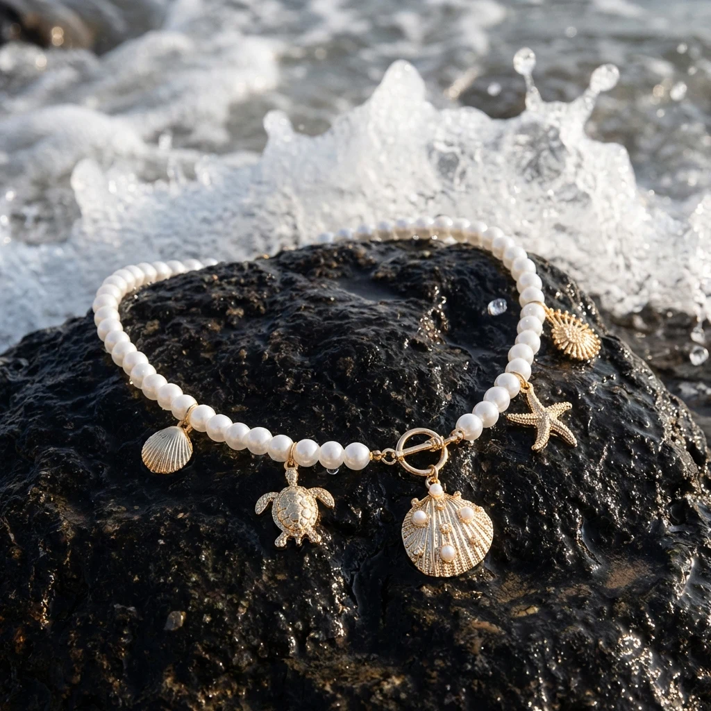 

Boho Shell Conch Turtle Simulated Pearl OT Toggle Necklace Summer Beach Vacation Jewelry For Women