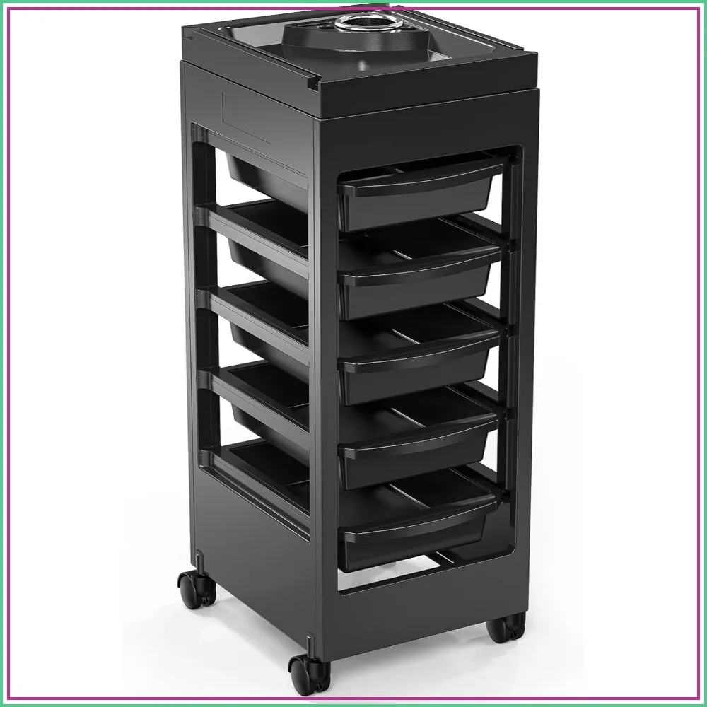 Salon Trolley Cart with Wheels & Dryer Holder, 5 Drawer Rolling Organizer