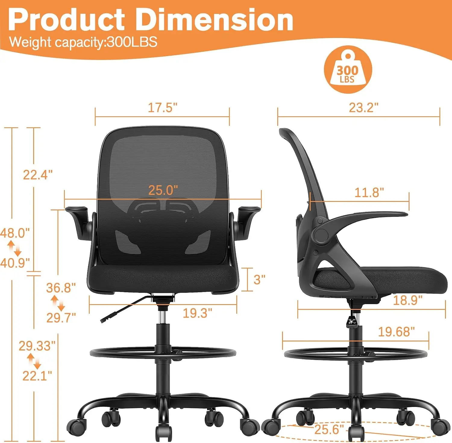 ORRSAKER Drafting Chair, Tall Office Chair with Flip-up Arms, Mesh Ergonomic Computer Standing Desk Chair with Adjustable Height
