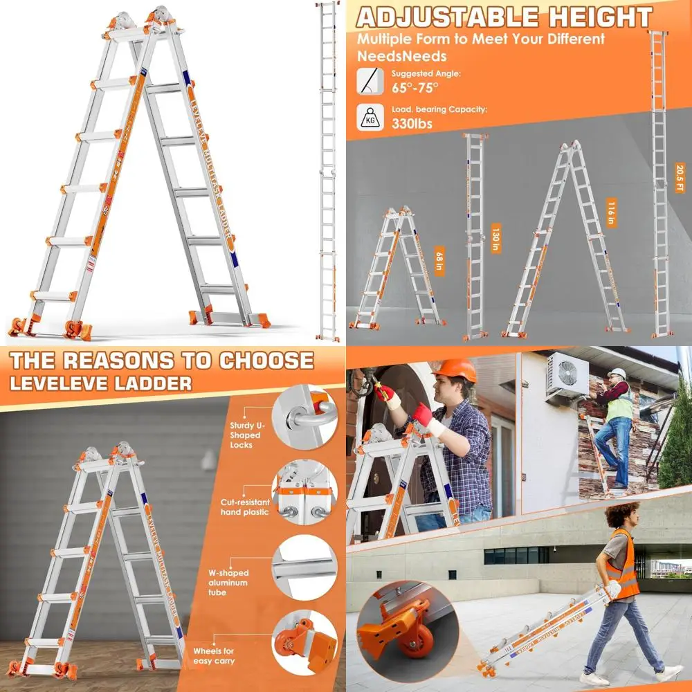 6-stufige Aluminiumleiter mit 22 Fuß Verlängerung, Stabilisatorstange, Rollen, 330 lbs Tragfähigkeit für den Einsatz in mehreren Positionen