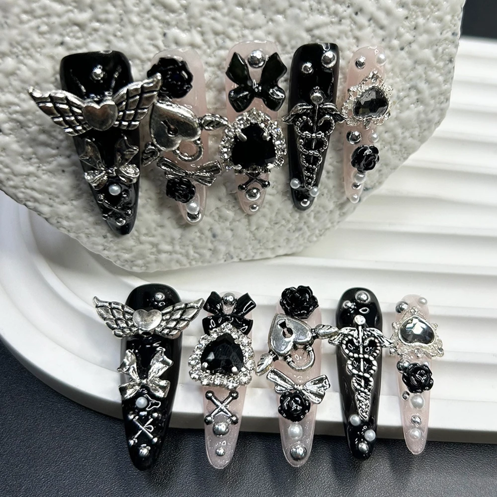 10PCS Jirai Y2K Black Pink Long Tip French Press On Nails Handmade Dark Nail Art 3D Bow Cross Planet Rose Kawaii Cute Fake Nails - view 3