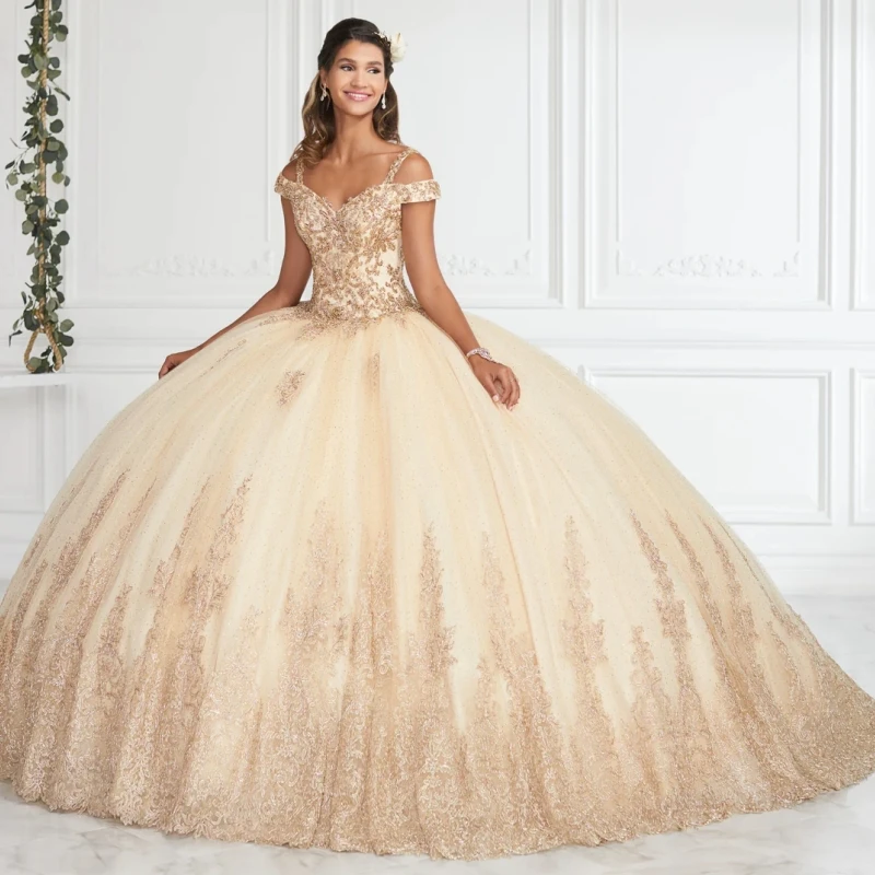 Champagne Women Wedding Dress Tulle Puffy Gold Appliques Sleeveless For Bridesmaid Evening Banquet Birthday Ceremonial Gown