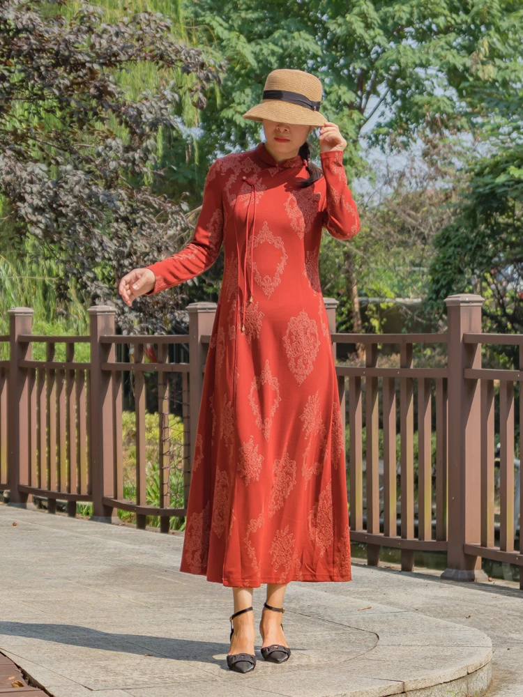 

Autumn New Knitted Floral Embroidery Slim Fit A-Line Qipao Dr Long Sve Artistic Sle Versatile Base Layer Slightly Str...