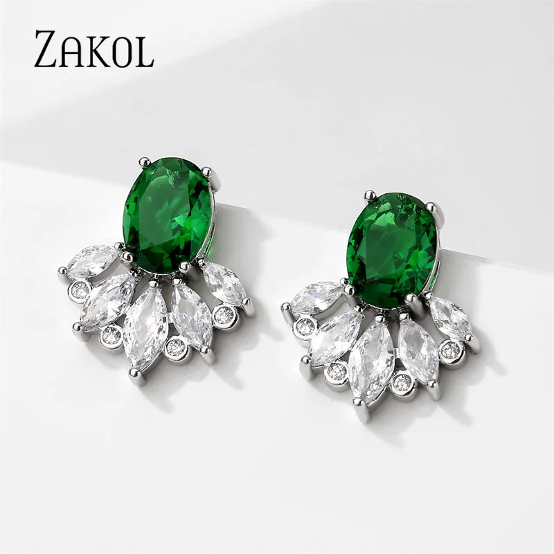 ZAKOL Shinny Sector Cubic Zircon Stud Earrings for Women Fashion Green Oval Crystal Girls Party Jewelry