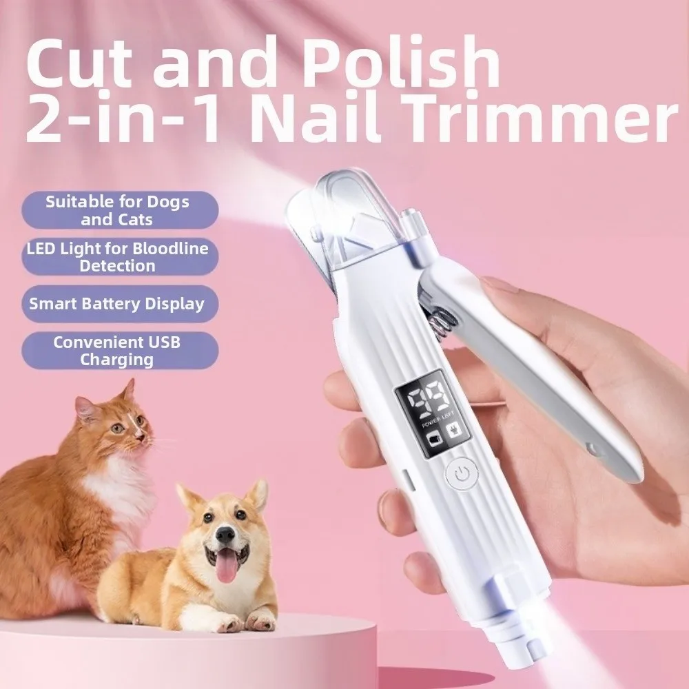 2 in 1 Design Electric Dog Nail Grinder Rechargeable Quiet File Pet Toenail Clippers with LED Lamp Grooming Tool