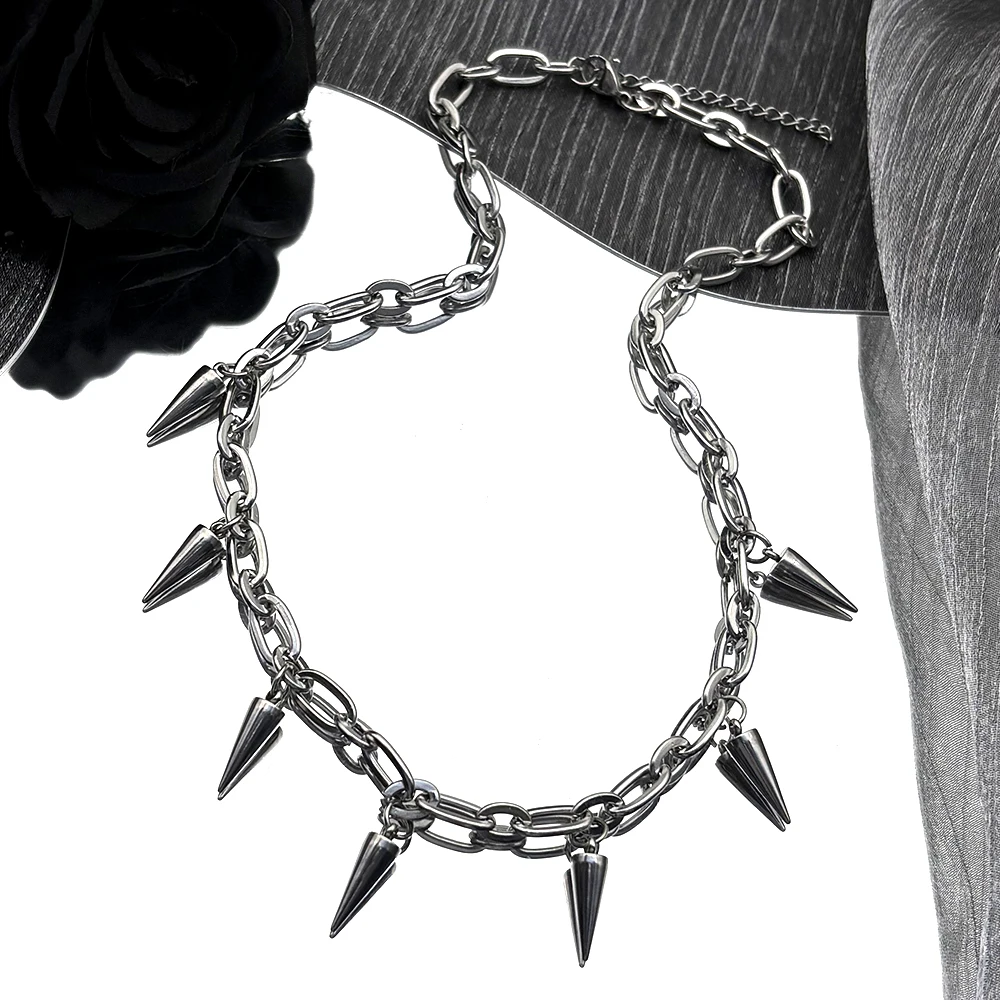 

Gothic Hip Hop Rivet Spike Pendant Choker Necklace for Women Men Stainless Steel Silver Color Cosplay Punk Chain Goth Jewelry