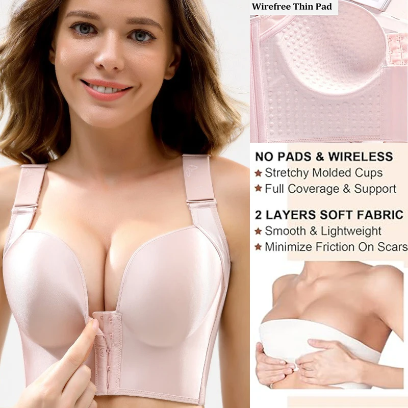 Dimmkof Plus Size Full Coverage Front Closure Bras Post Surgery Hide Back Fat Deep Cup Bra Wireless Double Support Shapewear Top