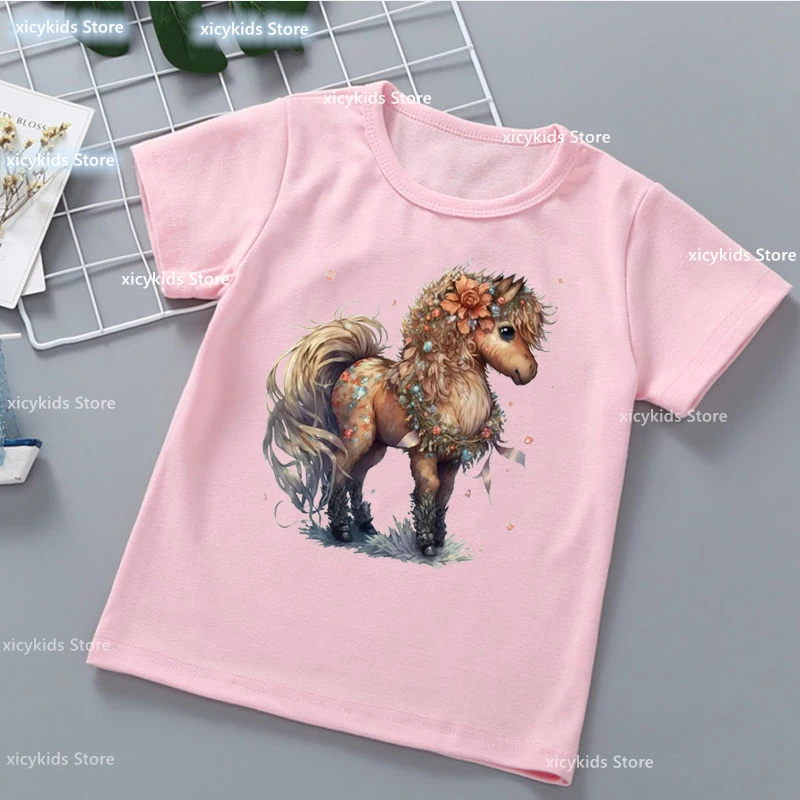 女の子のかわいい動物のプリントTシャツ、馬、ドラゴン、羊、子供服、ピンクのトップス、新しいファッション、2024