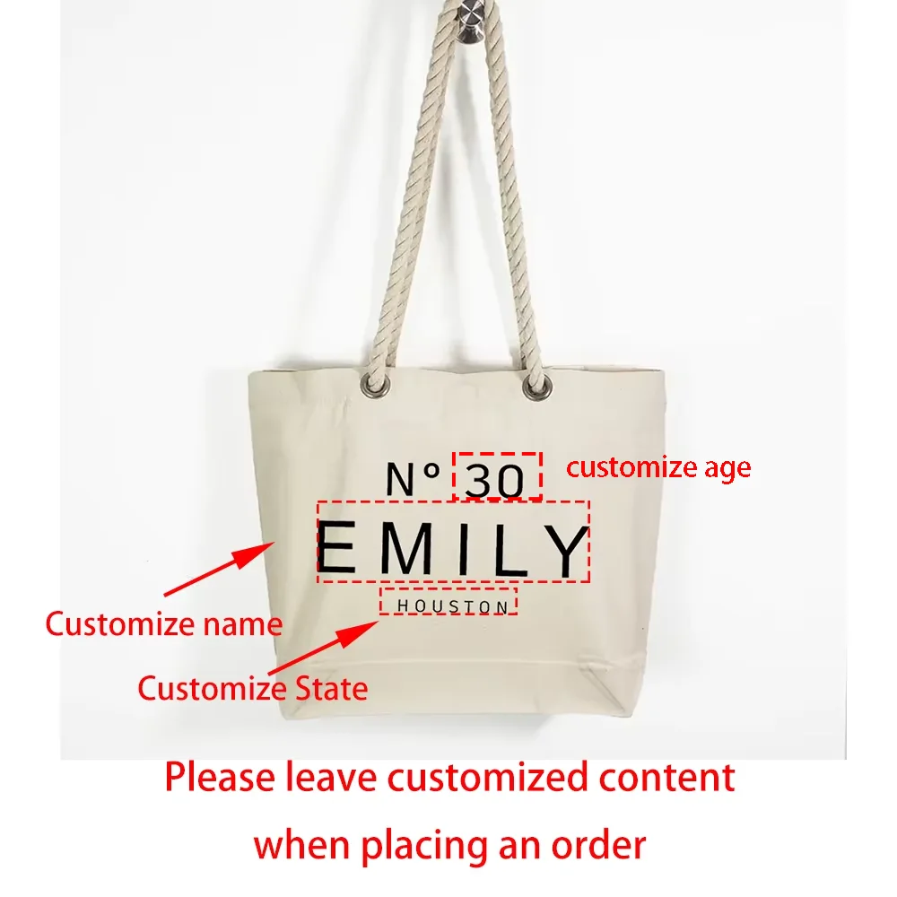 Custom Hemp Punched Canvas Bags 30th 40th 50th Years Tote Bag with Name and State Birthday Celebration Gift for Women Bday Party