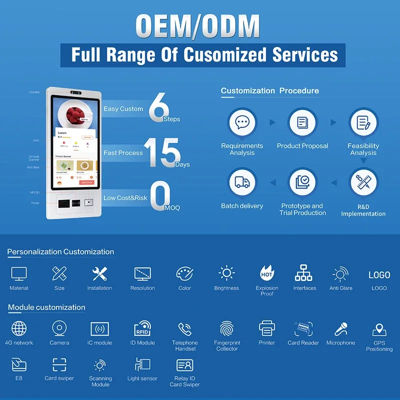 15.6 21.5 23.8 Inch Wall Mount Touch Screen AIO Computer Touchscreen Self Service Checkout Ordering Ticket Payment Kiosk