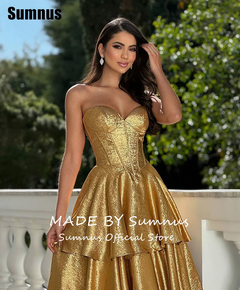 Sumnus charmante robe de bal trapèze dorée chérie à plusieurs niveaux sans manches robes de soirée longueur au sol robe de soirée personnalisée
