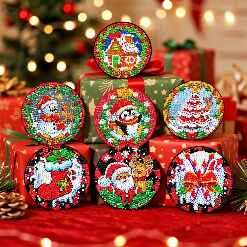 8Pcs with Metal Stand DIY Painting Coasters Handmade Simple Round Art Coasters Table Protector Entry-level Diamond Coaster Kit