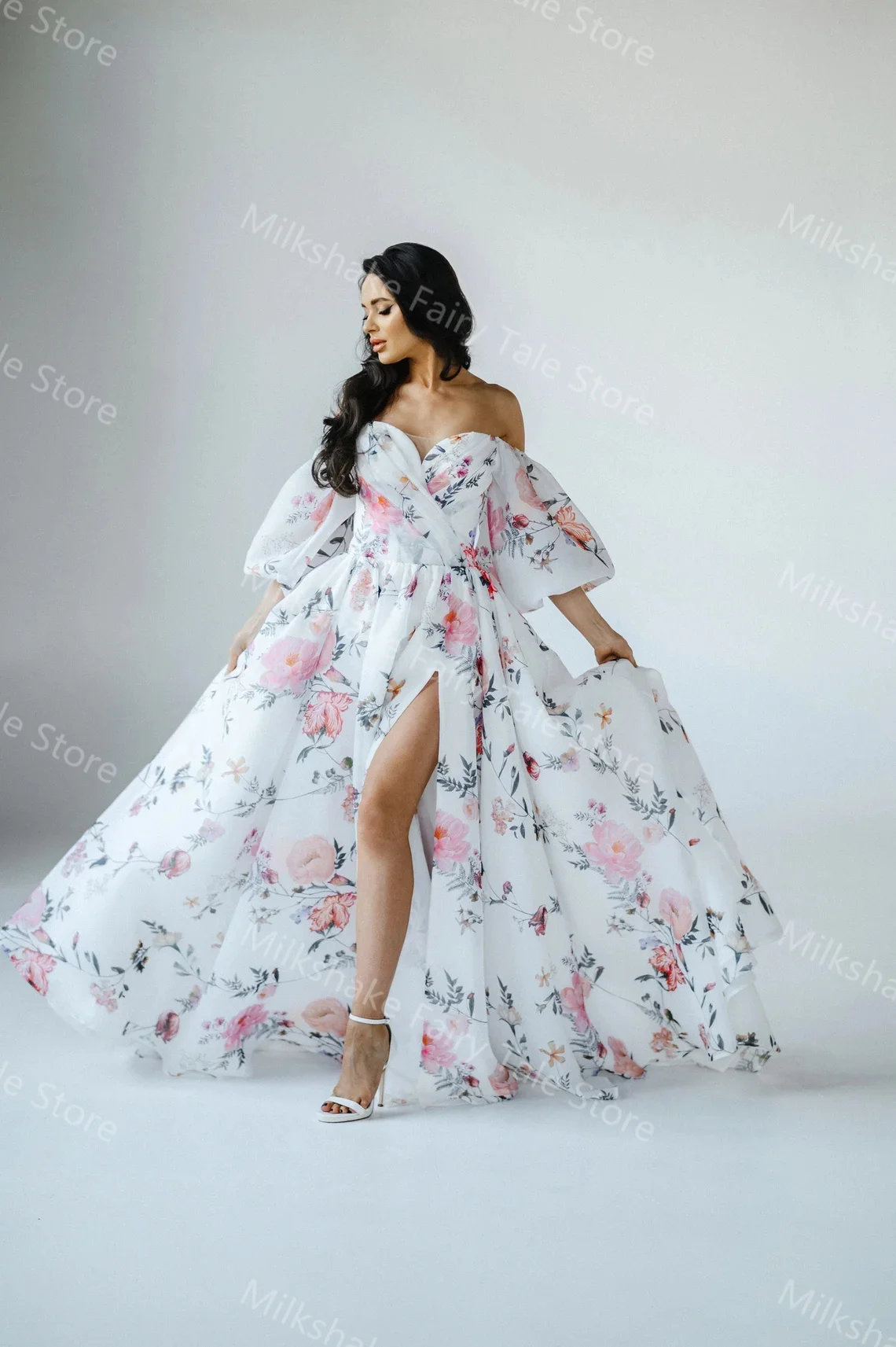 Glamorosos vestidos de noche de línea A con hombros descubiertos, vestidos de fiesta con estampado Floral para mujer, vestidos de fiesta de boda personalizados hasta el suelo sexys